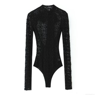 Women's Sexy Lace Bodysuit Long Sleeve High Neck Mesh Jumpsuit With Back Satin Bow Elegant Party Clubwear Bodycon Leotard Top