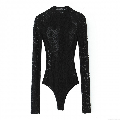 Women's Sexy Lace Bodysuit Long Sleeve High Neck Mesh Jumpsuit With Back Satin Bow Elegant Party Clubwear Bodycon Leotard Top
