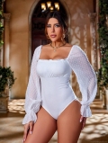 Women's Square Neck Long Sleeve Bodysuit Swiss Dot Mesh Patchwork Back Lace-up Slim Fit White Jumpsuit Top For Party
