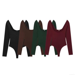 Women's Long Sleeve Square Neck Bodysuit Slim Fit Solid Color Polyester Jumpsuit For Daily Casual Wear High Elasticity Elegant Shaping Base Layer Clothing