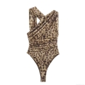 Women's Sexy Leopard Print One Shoulder Bodysuit Ruched Mesh Polyester Sleeveless Jumpsuit Clubwear Party Top