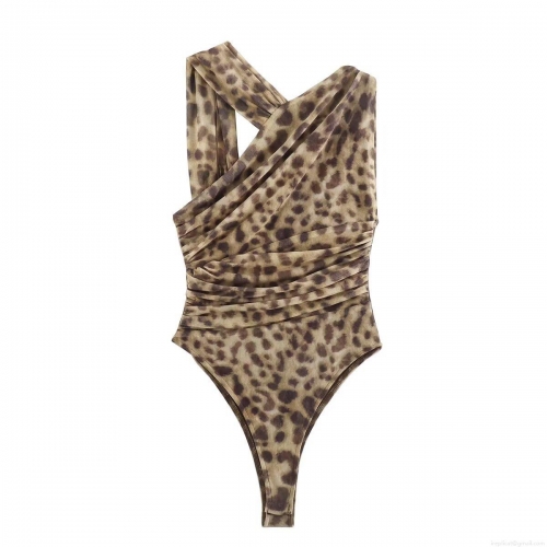 Women's Sexy Leopard Print One Shoulder Bodysuit Ruched Mesh Polyester Sleeveless Jumpsuit Clubwear Party Top