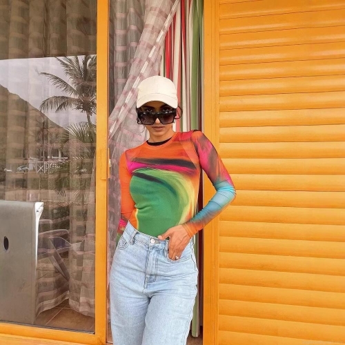 Women's Sexy Abstract Art Print Long Sleeve Mesh Bodysuit Elegant Slim Fit Round Neck See-Through Jumpsuit Top For Summer Party Vacation