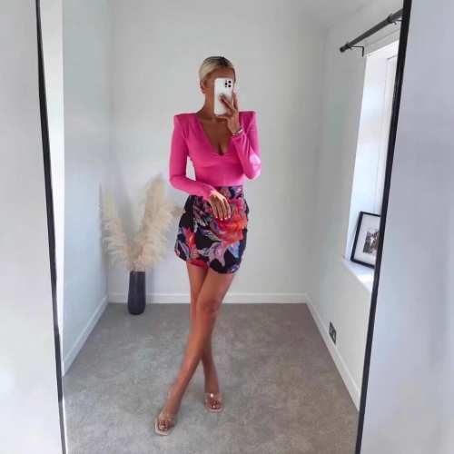 Women's Sexy Deep V-Neck Long Sleeve Bodysuit Elegant Solid Color Shoulder Pad Tight Fit Jumpsuit With Back Zipper For Party Nightclub Daily Clubwear