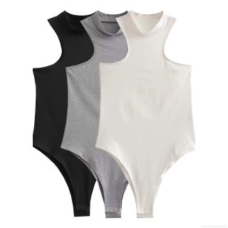 Women's High Neck Sleeveless Bodysuit 95% Polyester 5% Elastane Sexy Slim Fit Mock Neck Ribbed Knit Jumpsuit For Party Clubwear Summer Daily Wear