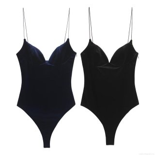 Women's Sexy Velvet Spaghetti Strap Bodysuit Deep V Neck Sleeveless Slim Fit Leotard Body Suit With Crotch Snaps Elegant Party Clubwear Jumpsuits