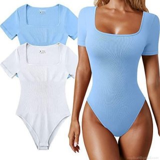 Women Sexy Ribbed Knit Bodysuit Square Neck Short Sleeve Skinny Jumpsuit For Yoga Sport Casual Stretchy Ribbed Bodysuit Solid Color Summer Tops