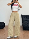 Women's Casual Cargo Pants Solid Polyamide Wide Leg Straight Trousers Drawstring Elastic Waist Loose Fit Long Pants for Daily Wear