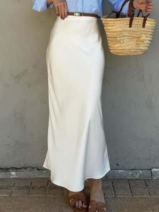 Women's Elegant White Satin Mid-Length Hip Skirt High Waist Solid Color Bodycon Pencil Skirt for Office Banquet Fall Winter Commuter