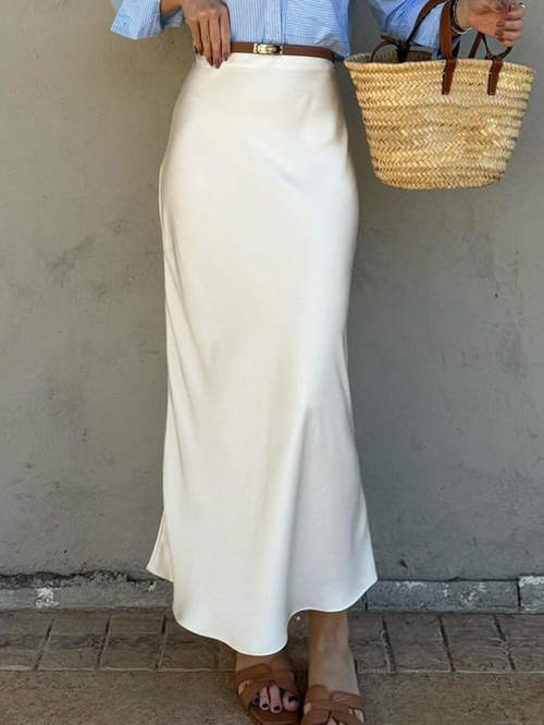 Women's Elegant White Satin Mid-Length Hip Skirt High Waist Solid Color Bodycon Pencil Skirt for Office Banquet Fall Winter Commuter