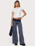 Women Striped Flare Pants Low Waist Fold Over Waistband Wide Leg Casual Trousers Streetwear Navy Blue Stretchy Polyester Spandex Blend Long Pants for Women