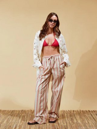 Women High Waisted Wide Leg Pants Striped Print Loose Casual Trousers Breathable Summer Vacation Beachwear Bohemian Street Style Comfortable Long Pants