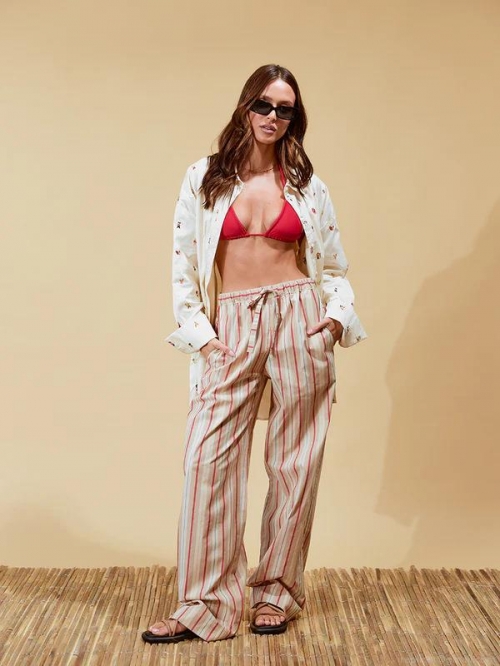 Women High Waisted Wide Leg Pants Striped Print Loose Casual Trousers Breathable Summer Vacation Beachwear Bohemian Street Style Comfortable Long Pants