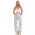 Women High Waist Silver Metallic Wide Leg Pants With Side Cutout Sexy Drawstring Streetwear Loose Long Trousers Shiny Polyester Club Party Night Out Fashion Trousers