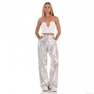 Women High Waist Silver Metallic Wide Leg Pants With Side Cutout Sexy Drawstring Streetwear Loose Long Trousers Shiny Polyester Club Party Night Out Fashion Trousers