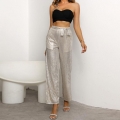 Women High Waist Sequin Wide Leg Pants Champagne Sparkling Glitter Long Trousers With Waist Tie For Party Night Club Evening Celebration Drapey Commute Pants