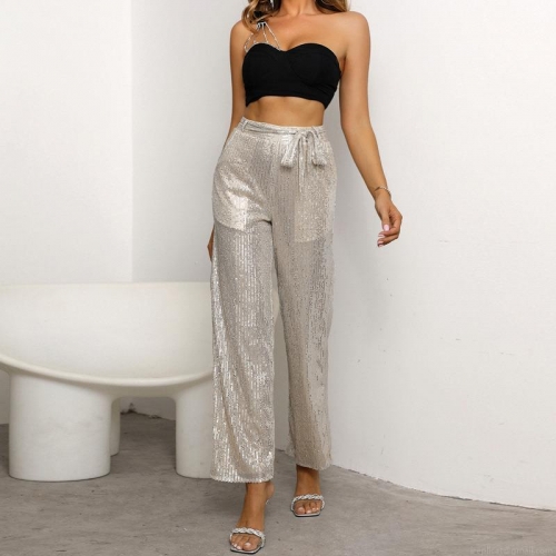 Women High Waist Sequin Wide Leg Pants Champagne Sparkling Glitter Long Trousers With Waist Tie For Party Night Club Evening Celebration Drapey Commute Pants
