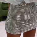 Women Sexy Silver Metallic Sequin Mini Skirt High Waist Bodycon Mesh Short Skirt Party Club Nightwear Sparkly Pencil Skirt For Night Out Women