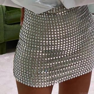 Women Sexy Silver Metallic Sequin Mini Skirt High Waist Bodycon Mesh Short Skirt Party Club Nightwear Sparkly Pencil Skirt For Night Out Women