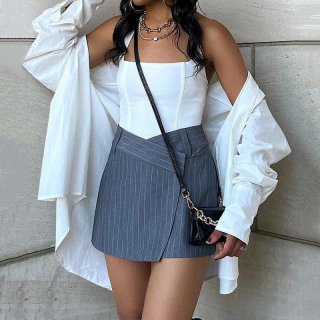 Women Sexy High Waist Pinstripe Mini Skirt Asymmetric Bodycon Wrapped Short Skort For Club Streetwear Party Casual Summer Autumn Striped Skirts