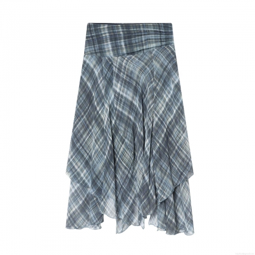 Women's Romantic Blue Grey Plaid Layered Ruffle Skirt Irregular Hem High Waist Polyester Chiffon Midi Skirt For Daily Dating Elegant Ladies Skirt
