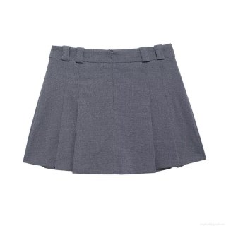 Women Low Waist Pleated Mini Skirt Slate Grey Polyester Woven Preppy Sweet Spicy Style Skort With Safety Shorts And Invisible Zipper For School Daily Party