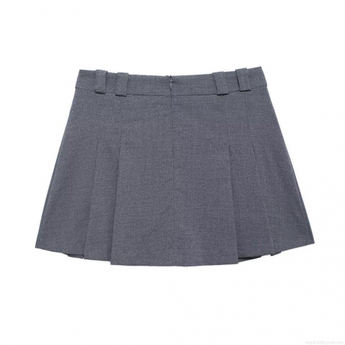 Women Low Waist Pleated Mini Skirt Slate Grey Polyester Woven Preppy Sweet Spicy Style Skort With Safety Shorts And Invisible Zipper For School Daily Party