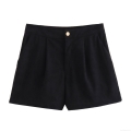 Women's Casual Corduroy Shorts Mid Waist Pleated Loose Fit Shorts With Gold Button Zipper Fly Polyester Daily Wear Ladies Bottoms