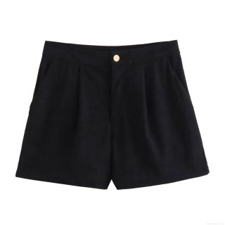 Women's Casual Corduroy Shorts Mid Waist Pleated Loose Fit Shorts With Gold Button Zipper Fly Polyester Daily Wear Ladies Bottoms