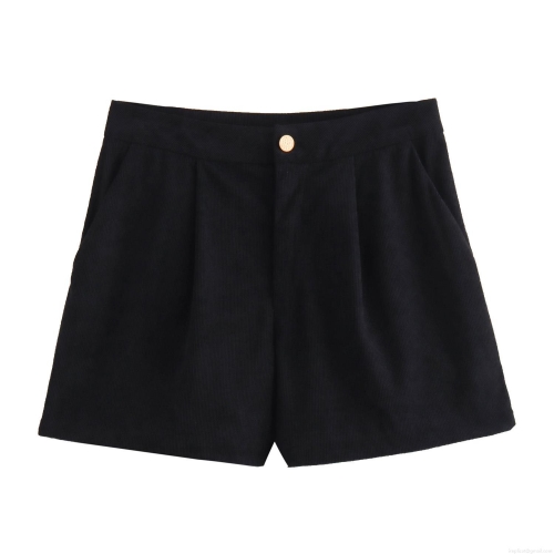 Women's Casual Corduroy Shorts Mid Waist Pleated Loose Fit Shorts With Gold Button Zipper Fly Polyester Daily Wear Ladies Bottoms