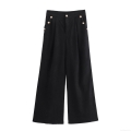 Women's Elegant Corduroy Wide Leg Pants High Waist Polyester Trousers With Gold Button Decor Solid Color Office Casual Long Pants