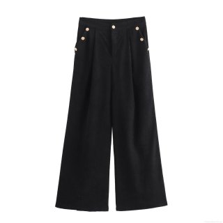 Women's Elegant Corduroy Wide Leg Pants High Waist Polyester Trousers With Gold Button Decor Solid Color Office Casual Long Pants