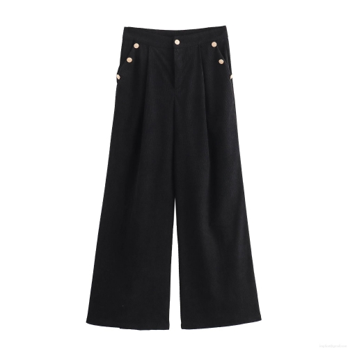 Women's Elegant Corduroy Wide Leg Pants High Waist Polyester Trousers With Gold Button Decor Solid Color Office Casual Long Pants