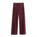 Women High Waist Straight Leg Trousers Elegant Burgundy Red Commuting Pants With Gold Button Decoration Autumn Winter Pleated Trousers