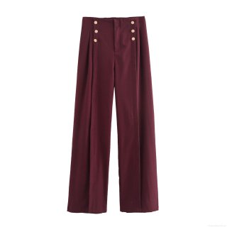 Women High Waist Straight Leg Trousers Elegant Burgundy Red Commuting Pants With Gold Button Decoration Autumn Winter Pleated Trousers
