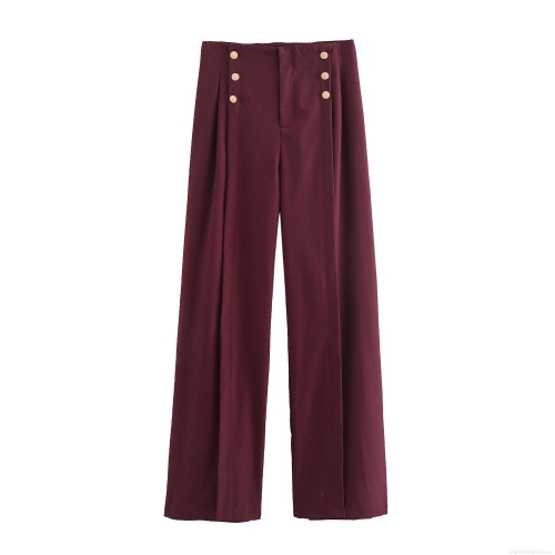 Women High Waist Straight Leg Trousers Elegant Burgundy Red Commuting Pants With Gold Button Decoration Autumn Winter Pleated Trousers