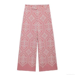 Women's Ethnic Style Embroidered Wide Leg Pants Polyester High Waist Geometric Pattern Straight Trousers For Daily Vacation Vintage Loose Fit Pink