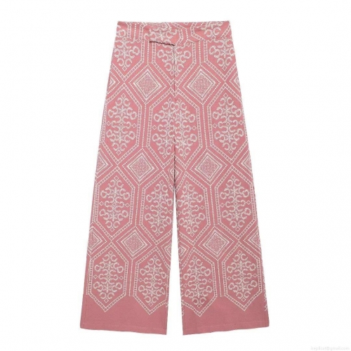 Women's Ethnic Style Embroidered Wide Leg Pants Polyester High Waist Geometric Pattern Straight Trousers For Daily Vacation Vintage Loose Fit Pink