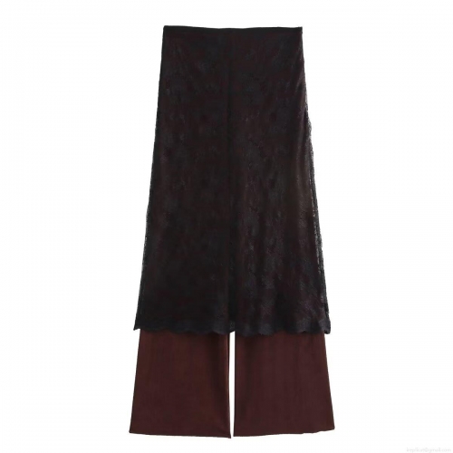 Women's Elegant Lace Stitching Fake Two-Piece Straight Leg Pants Mid-Waist Long Trousers for Office Daily Casual Intellectual Style