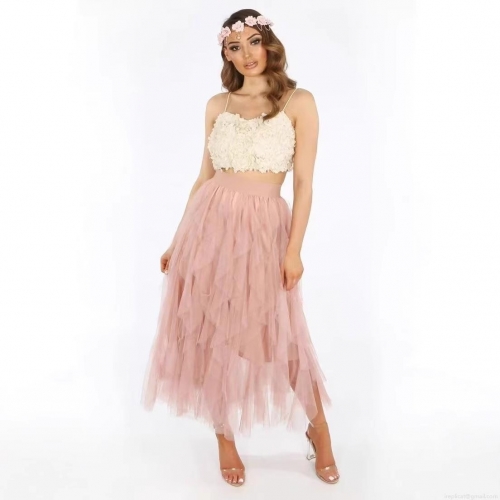 Women's Elegant Pink Layered Mesh Cake Skirt High Waist A-Line Long Skirt For Vacation Party Holiday Socialite Style Solid Color Polyester Skirt