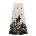 Women Bohemian Tropical Plant Print Pleated Midi Skirt Polyester High Waist Beach Vacation Long Skirt With Invisible Zipper