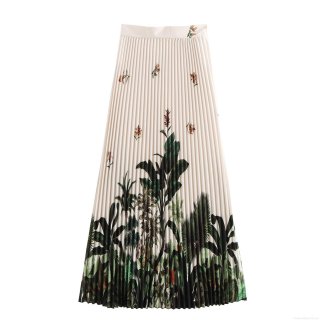 Women Bohemian Tropical Plant Print Pleated Midi Skirt Polyester High Waist Beach Vacation Long Skirt With Invisible Zipper