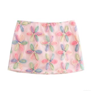 Women's Sweet 3D Floral Applique Mini Skirt Pink Tulle Mesh A-Line Skirt With Colorful Flowers And Sequins Elegant Party Vacation Skirt For Women