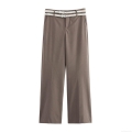 Women's Striped Straight-Leg Suit Pants With Double White Belts Mid-Waist Polyester Commuter Trousers For Office Work