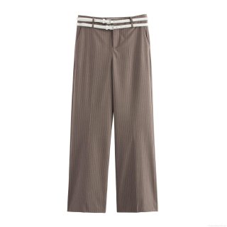 Women's Striped Straight-Leg Suit Pants With Double White Belts Mid-Waist Polyester Commuter Trousers For Office Work