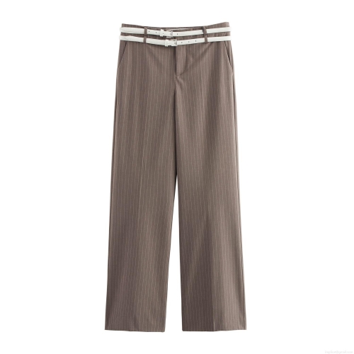 Women's Striped Straight-Leg Suit Pants With Double White Belts Mid-Waist Polyester Commuter Trousers For Office Work