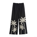 Women's Tropical Vacation Black Straight Leg Pants With White Palm Tree Embroidery Casual Mid Waist Long Trousers Polyester Resort Wear