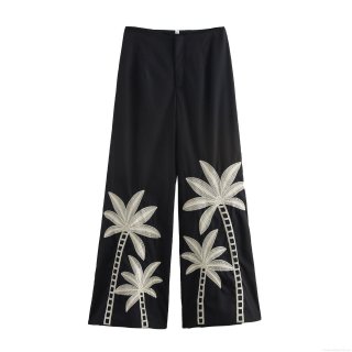 Women's Tropical Vacation Black Straight Leg Pants With White Palm Tree Embroidery Casual Mid Waist Long Trousers Polyester Resort Wear