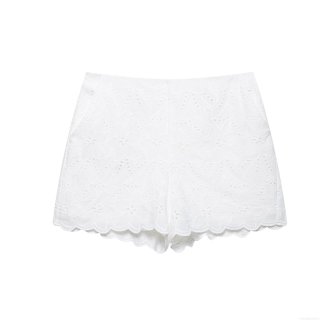 Women's French Sweet White Embroidered Hollow Out Shorts Elegant Lace Floral Wavy Hem Casual Mid Waist Hot Pants For Summer Vacation