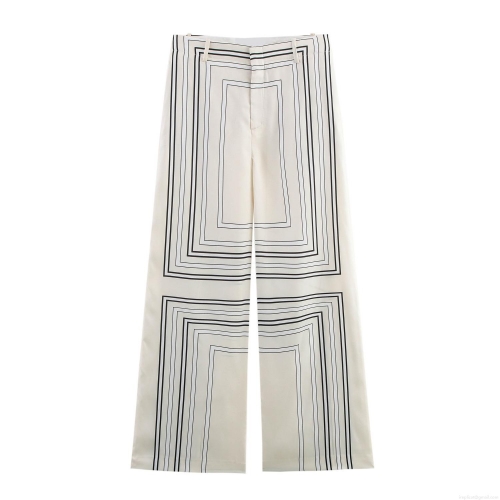 Women's Geometric Print Wide Leg Pants High Waist Satin Silk Straight Trousers Casual Loose Long Trousers for Streetwear Summer Fashion
